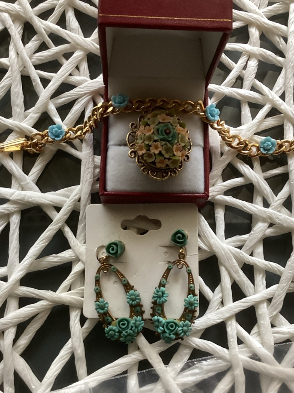 Turquoise Floral Jewelry Set - Women’s Gold-Tone Bracelet, Ring & Earrings